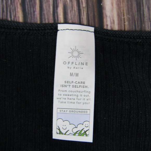 OFFLINE by Aerie Shirt Womens Medium Black Ribbed Long Sleeve Square Neck Crop - Picture 2 of 6